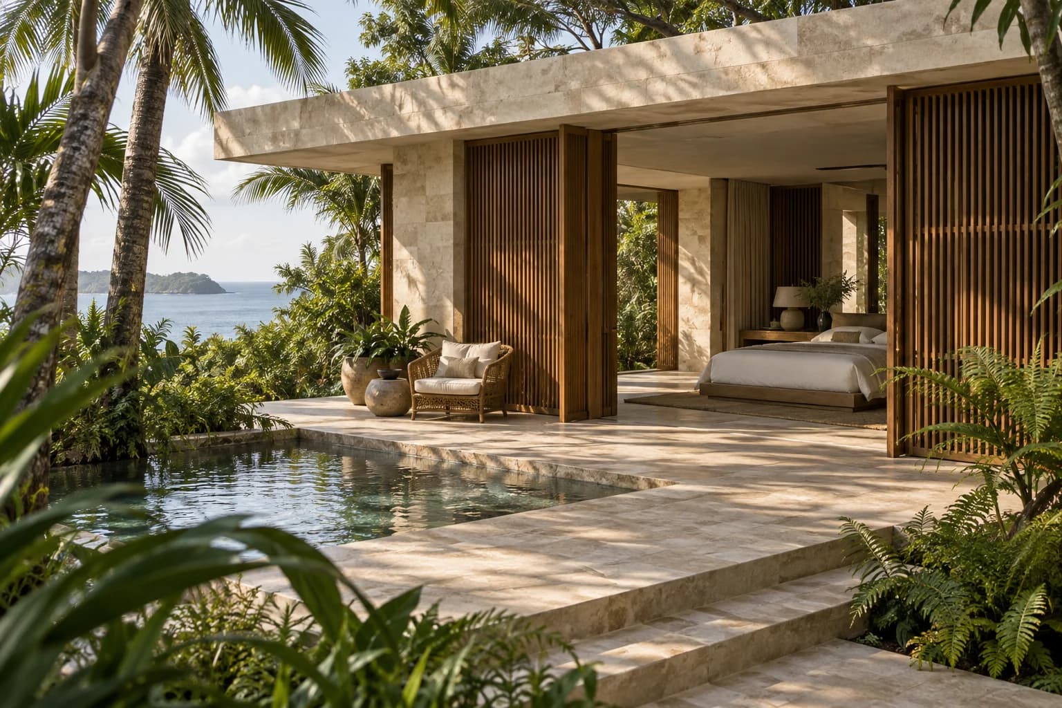 Teak screens open to a garden of palms and morning light