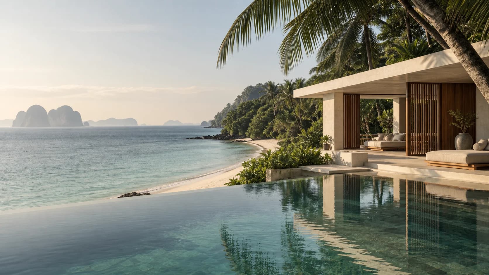 Morning light across SORA’s infinity pool, teak pavilion and quiet Andaman coast